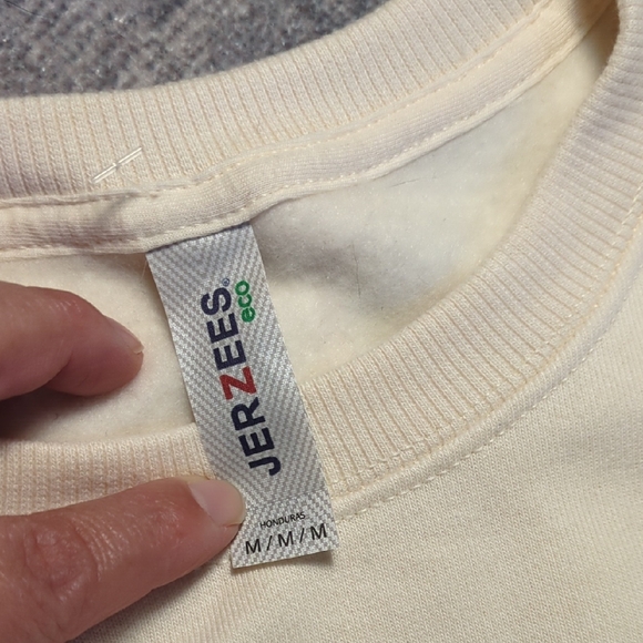 Jerzees Cream Crew Neck Sweater with Red and Yellow Design - Picture 8 of 9